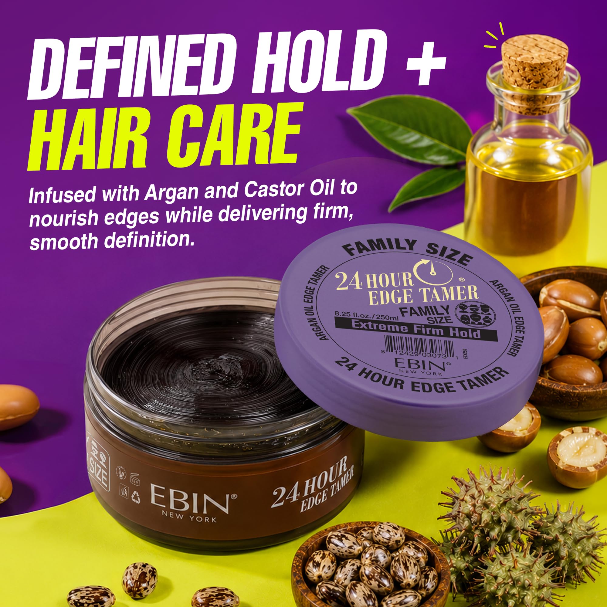 EBIN NEW YORK label close-up listing argan and castor oils for nourishment