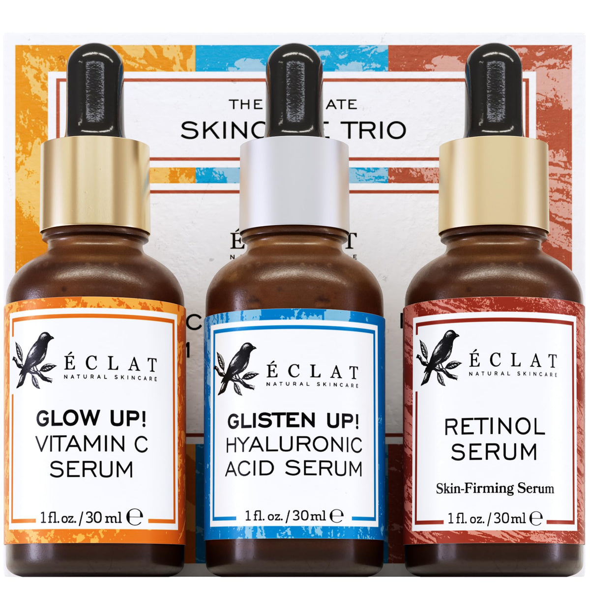 Eclat Skincare three‑pack front view showing all bottles for a cohesive routine