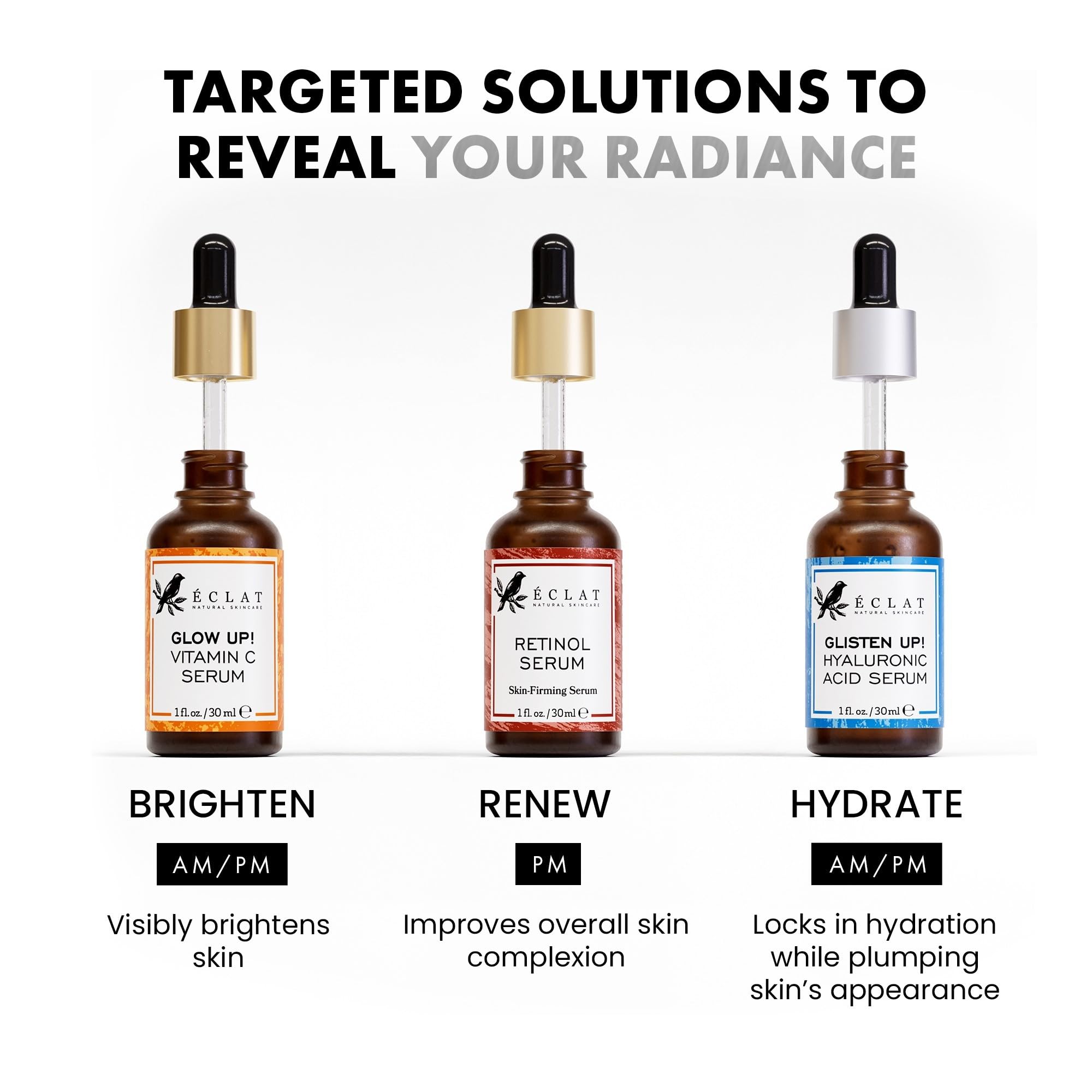 Eclat Skincare bottles in hand showing size and travel‑friendly benefit