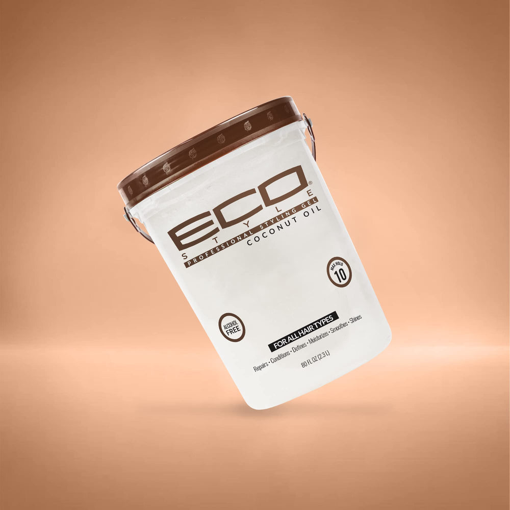 Model applying Eco Style gel to curly hair, brand providing definition and frizz control