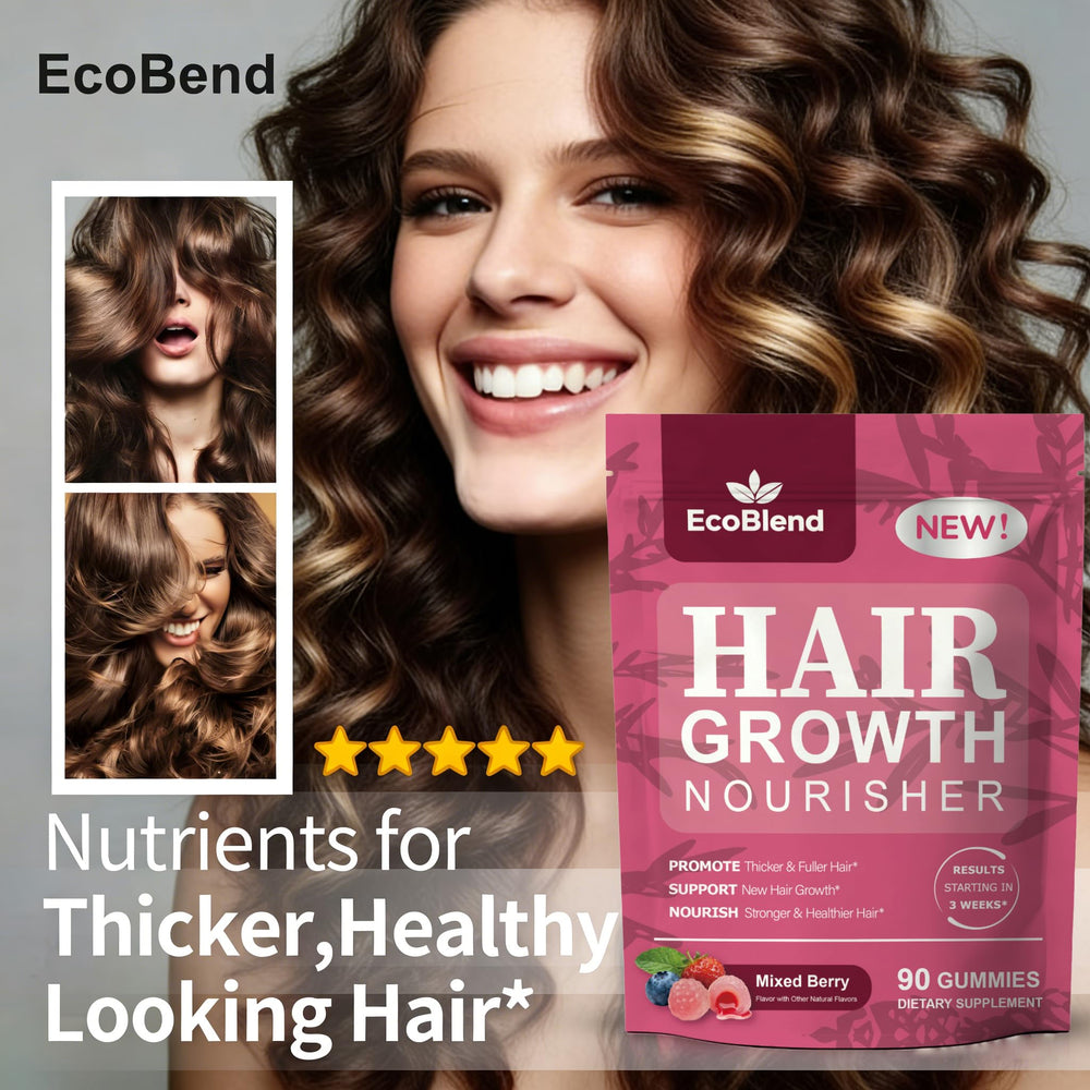 Hand holding EcoBlend gummies demonstrating portable daily hair support