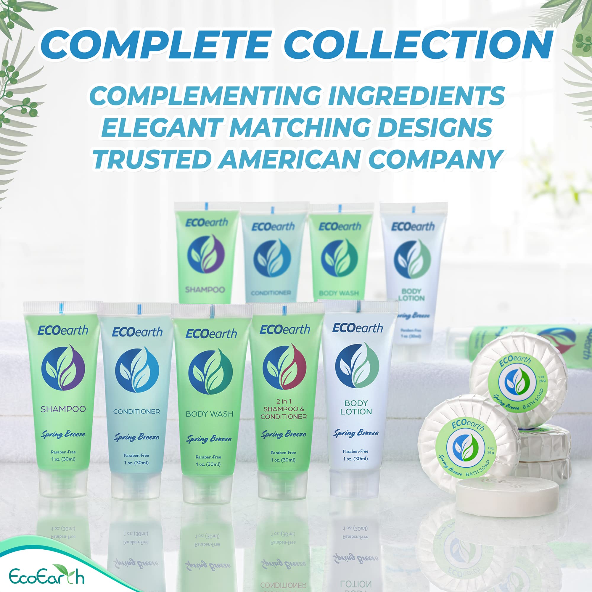 EcoEarth tube beside a passport showing 1 fl oz travel size and TSA-friendly benefit