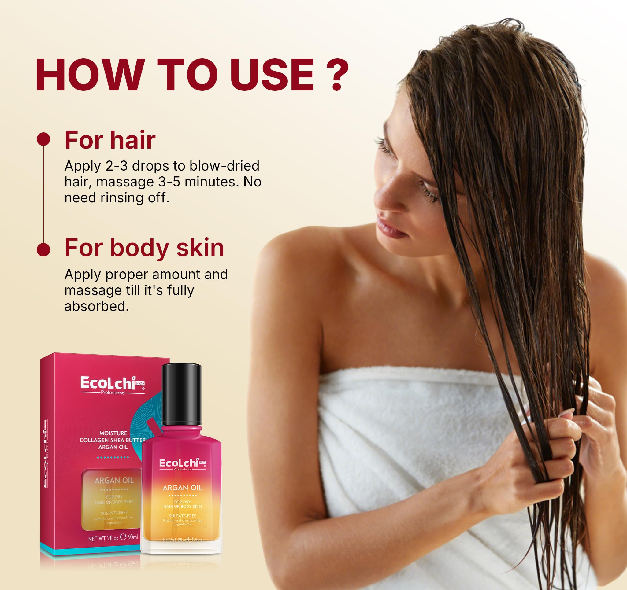 ECOLCHIPRO applied to hair ends reducing frizz and adding shine