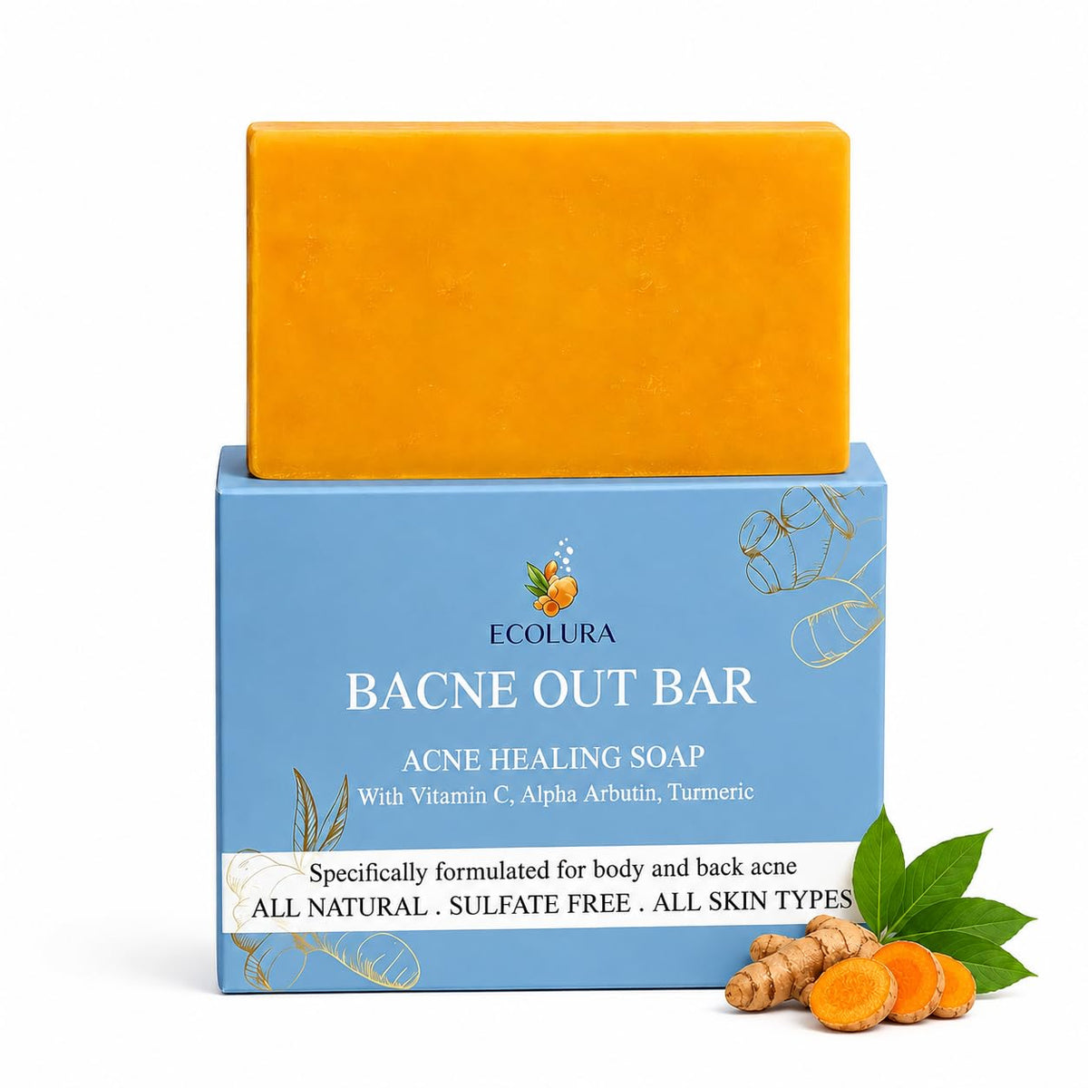 Ecolura Soap front view of Bacne Out Bar packaging showing product benefits