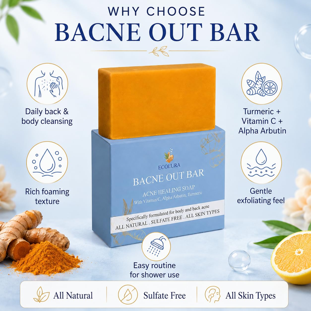 Ecolura Soap person applying Bacne Out Bar in shower for hard-to-reach back cleansing