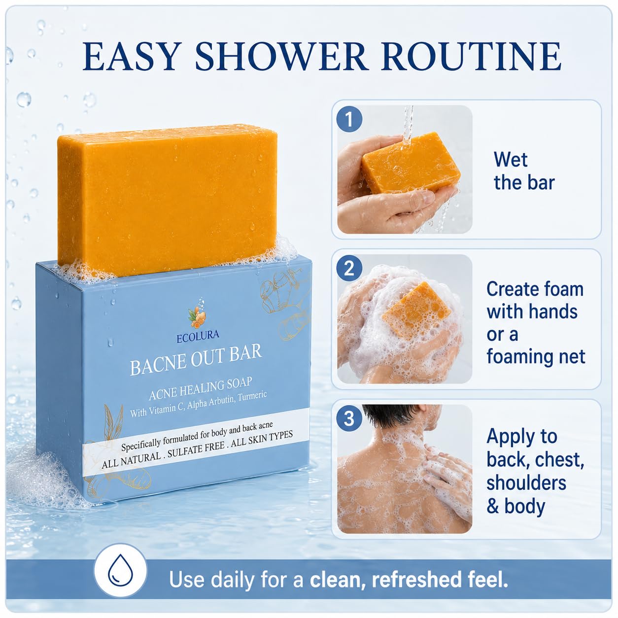 Ecolura Soap lifestyle bathroom scene with Bacne Out Bar for daily routine appeal