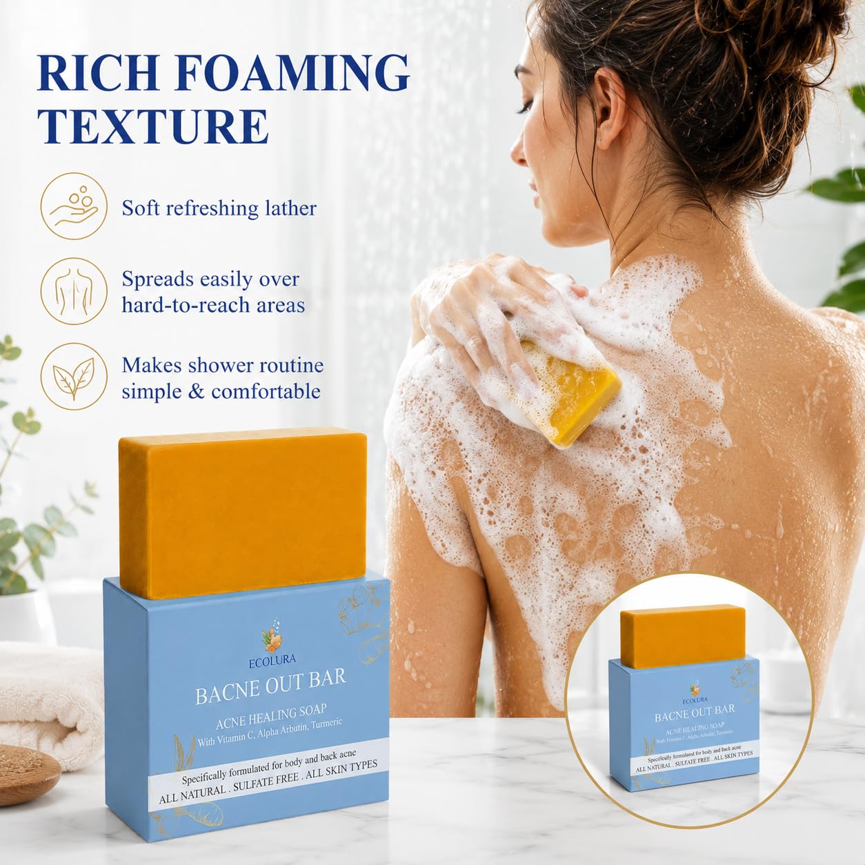 Ecolura Soap bar beside a ruler showing size and portability benefit