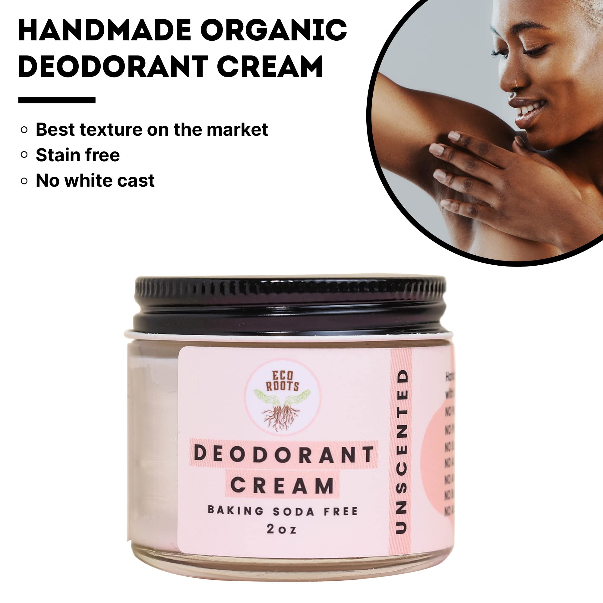 EcoRoots applying cream underarm illustrating gentle use on sensitive skin for odor control