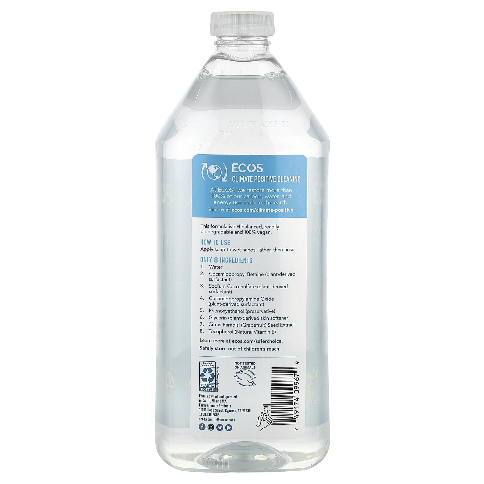 ECOS pouch pouring into a pump bottle illustrating easy refill and waste reduction benefit