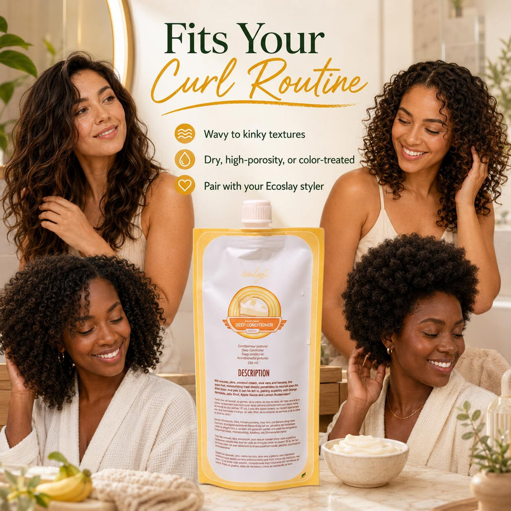 Ecoslay before and after curls showing reduced frizz and improved shine