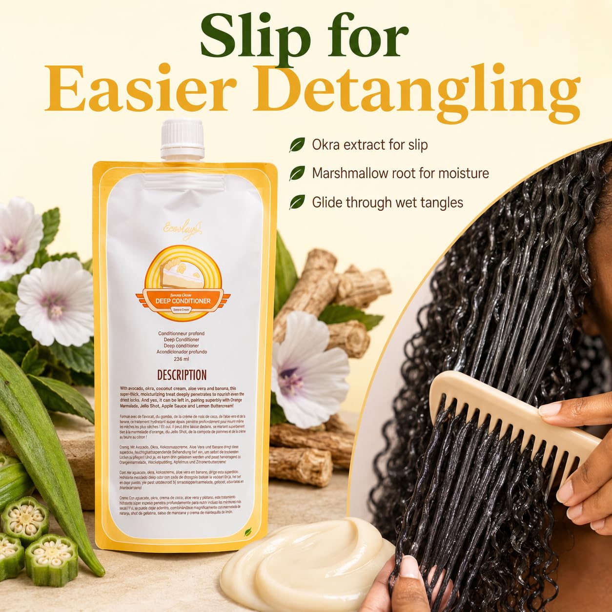 Ecoslay applied to curly hair showing detangling and definition benefit