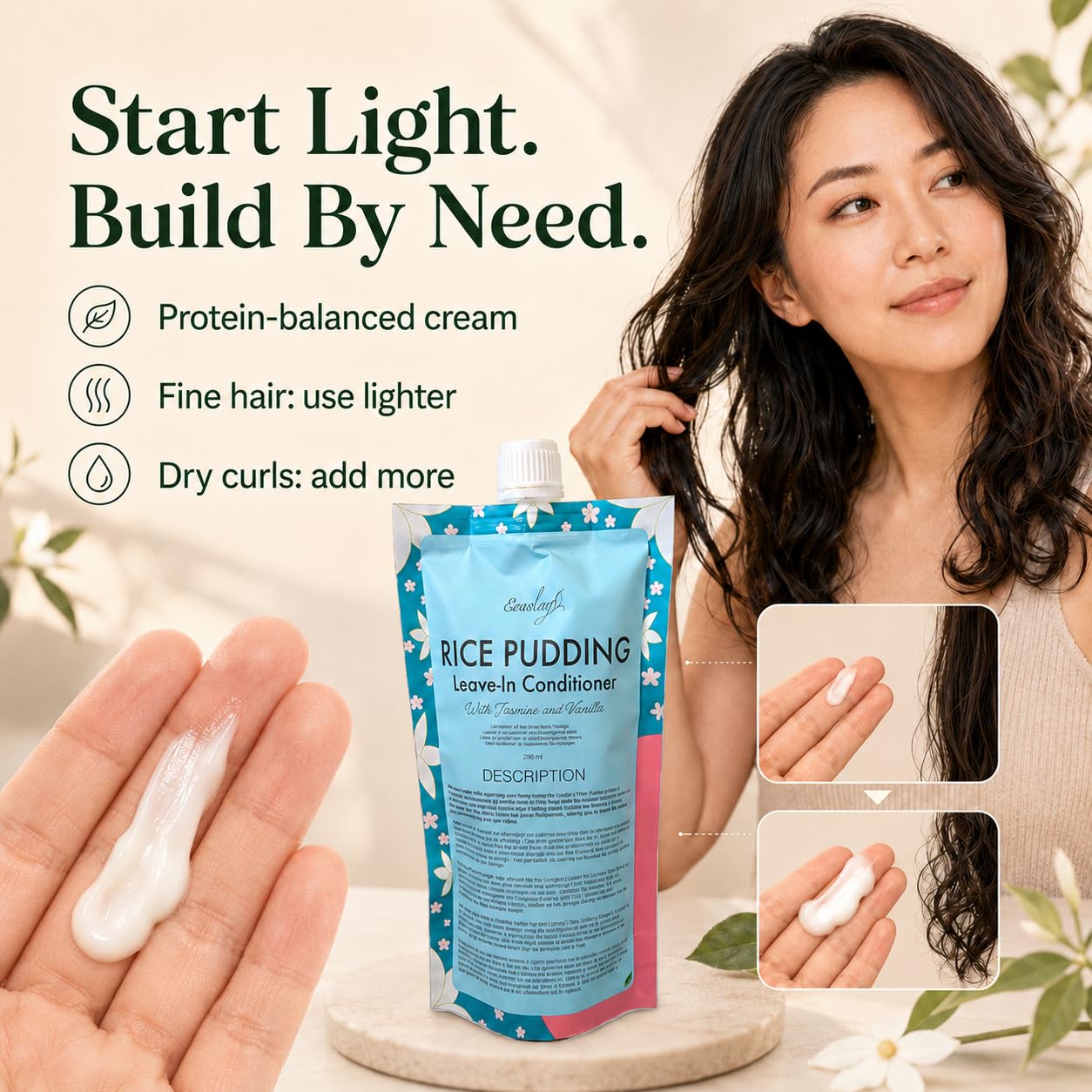 Ecoslay product in hand applying to damp hair illustrating easy detangling