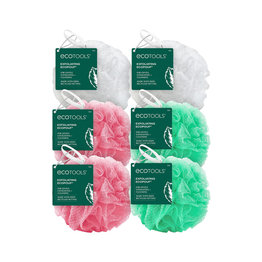 EcoTools front packaging showing six eco poufs and recycled messaging for convenience
