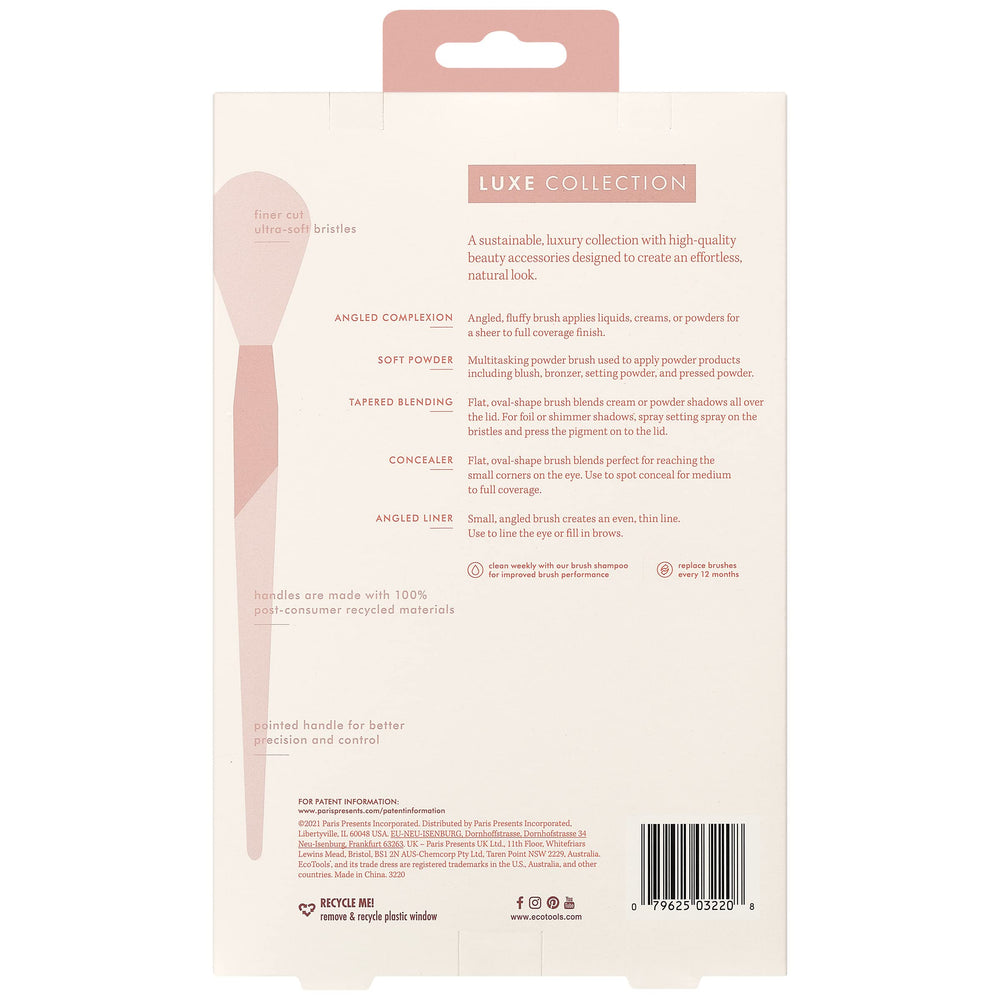 EcoTools brushes staged with foundation bottle illustrating multiuse compatibility