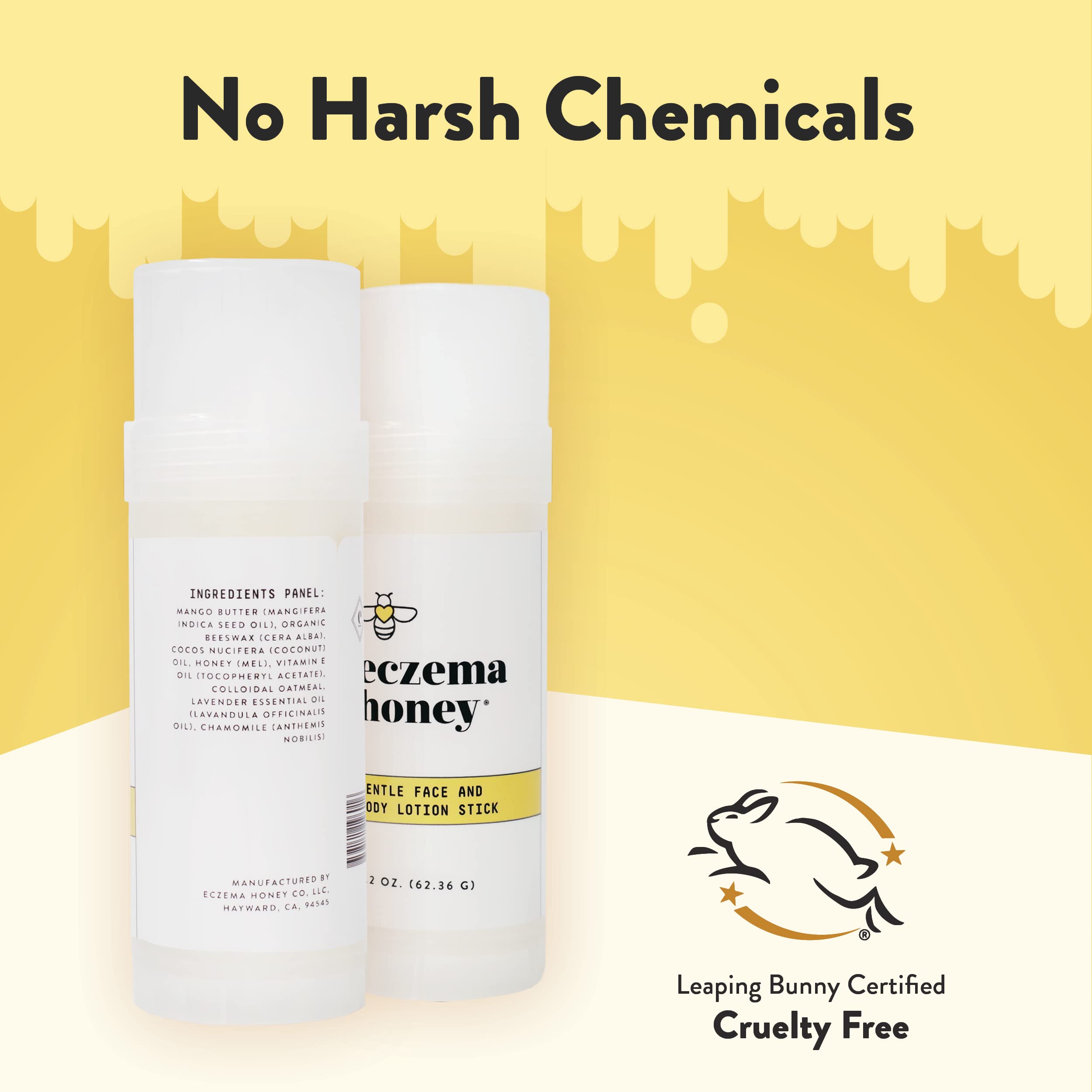 ECZEMA HONEY label image displaying natural ingredients and cruelty-free badge
