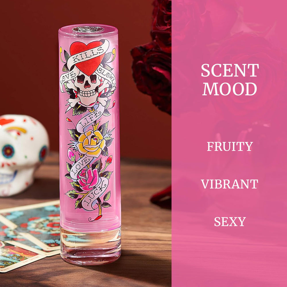 Ed Hardy perfume liquid close-up showing color and benefit of concentrated formula
