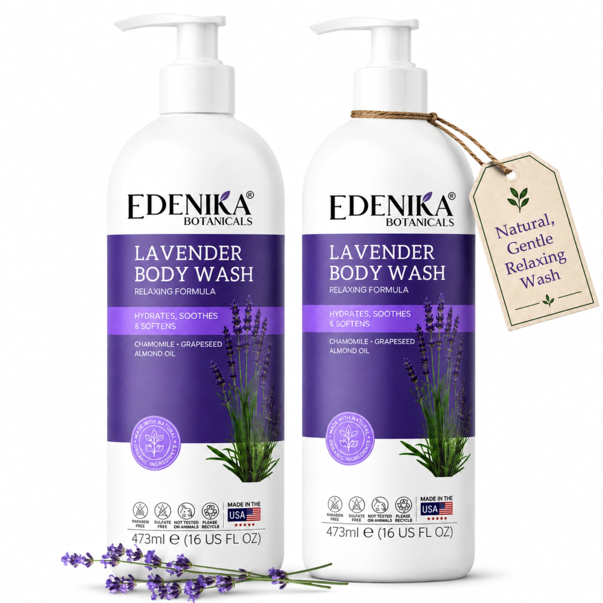 EDENIKA BOTANICALS front packaging showing lavender body wash benefits