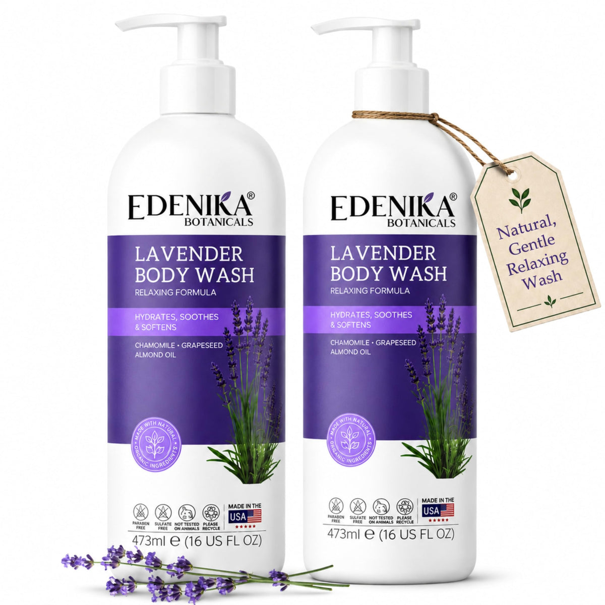 EDENIKA BOTANICALS front packaging showing lavender body wash benefits