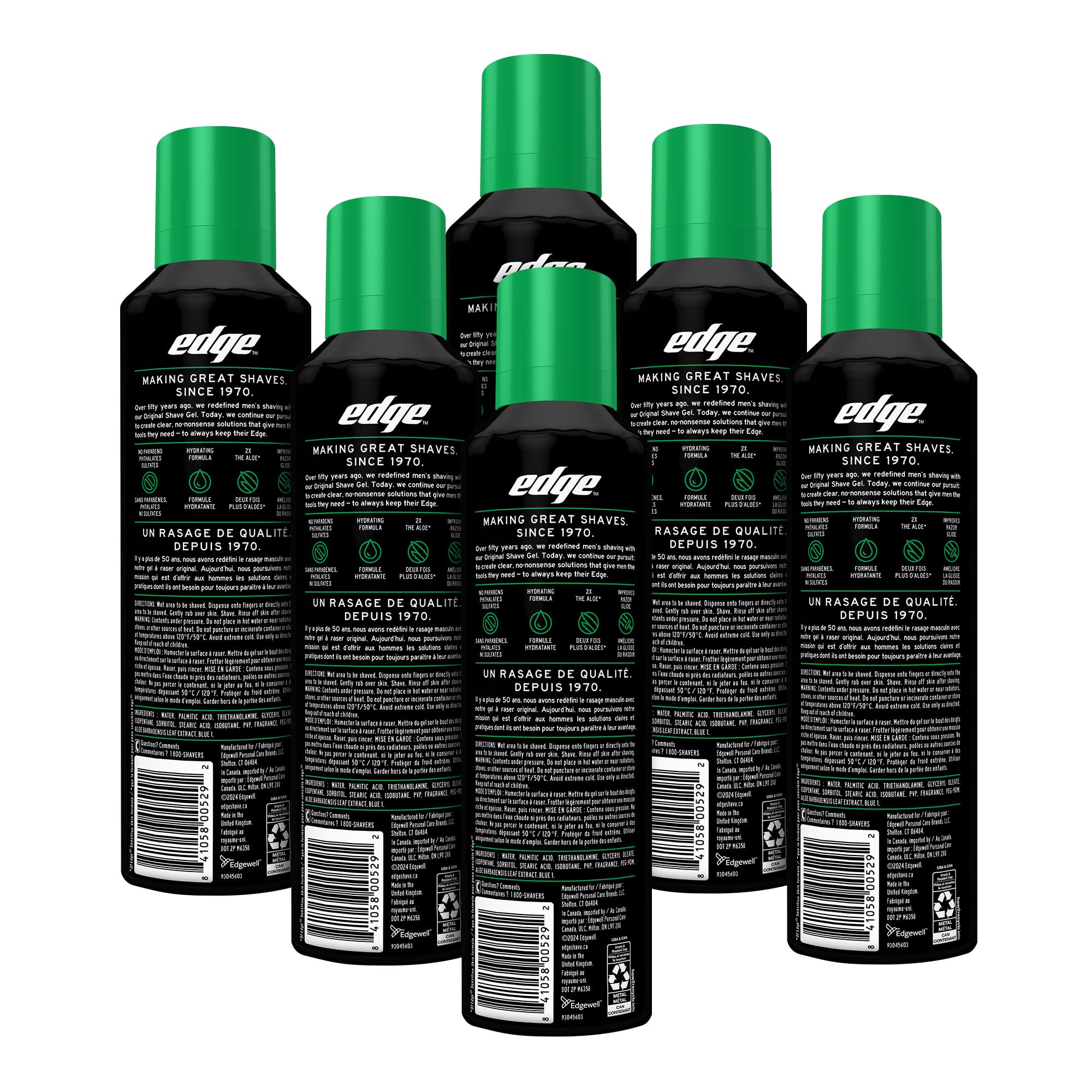Edge side view of shaving gel can highlighting spray nozzle and ergonomic shape benefit