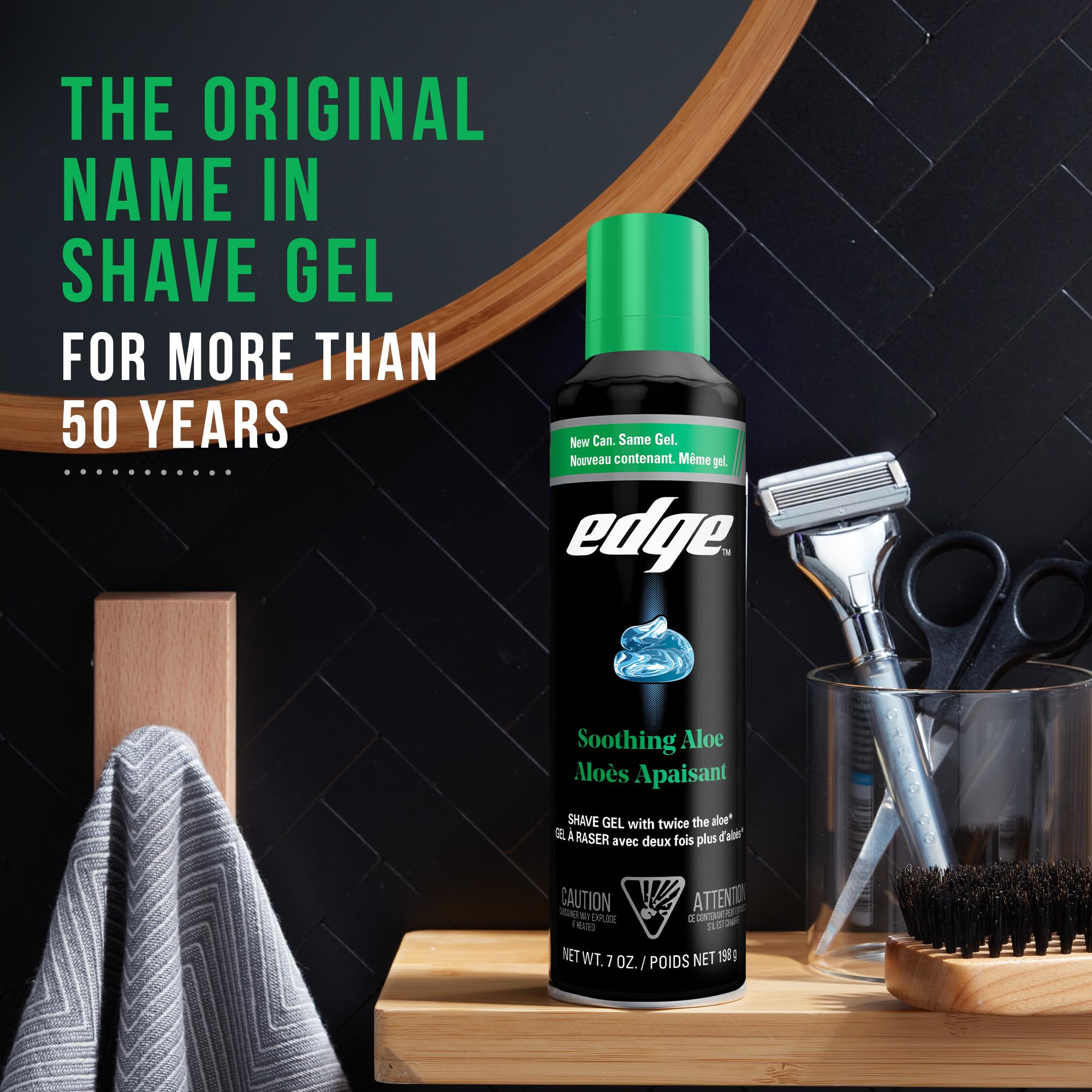 Six-pack of Edge cans arranged together emphasizing value and consistent grooming supply