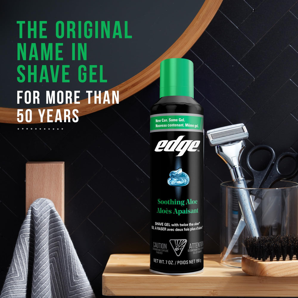 Six-pack of Edge cans arranged together emphasizing value and consistent grooming supply
