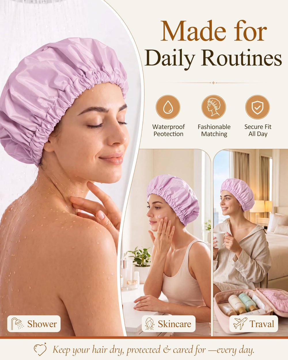 Edoneery model wearing cap keeping long curly hair dry during shower