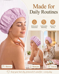 Edoneery model wearing cap keeping long curly hair dry during shower