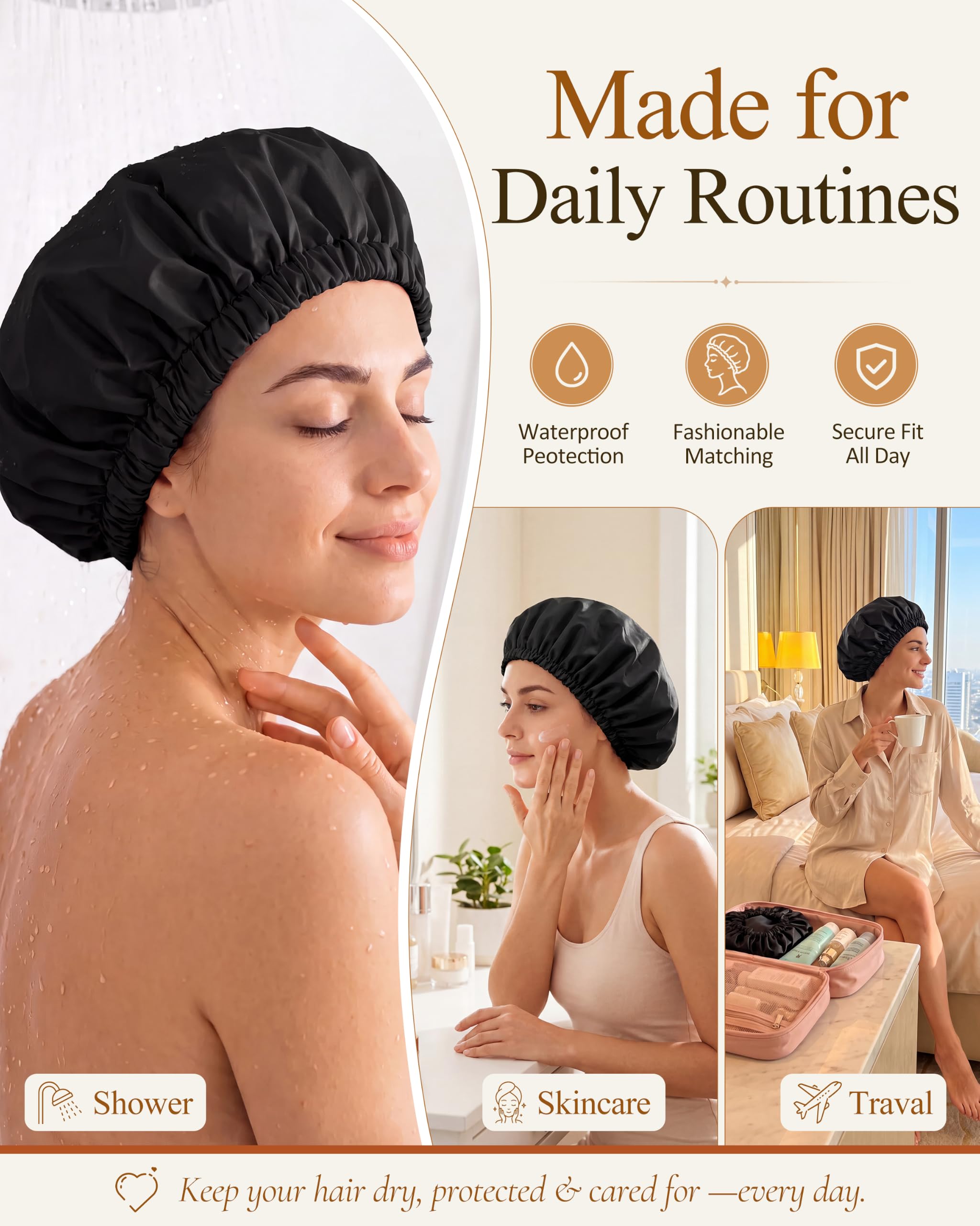 Edoneery worn in shower scene protecting styled hair from water and steam
