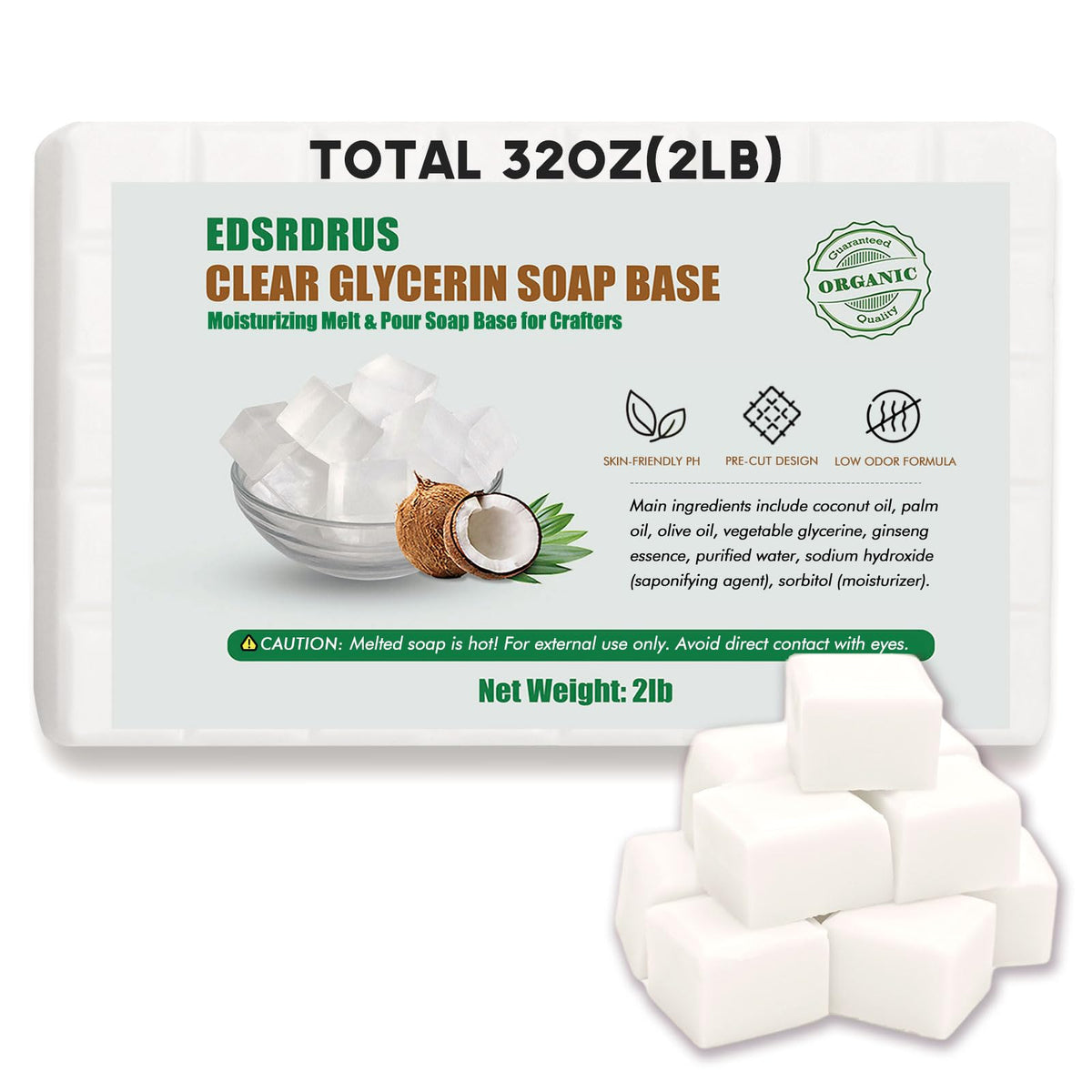 EDSRDRUS front packaging showing 2 lb glycerin soap base, easy portioning benefit