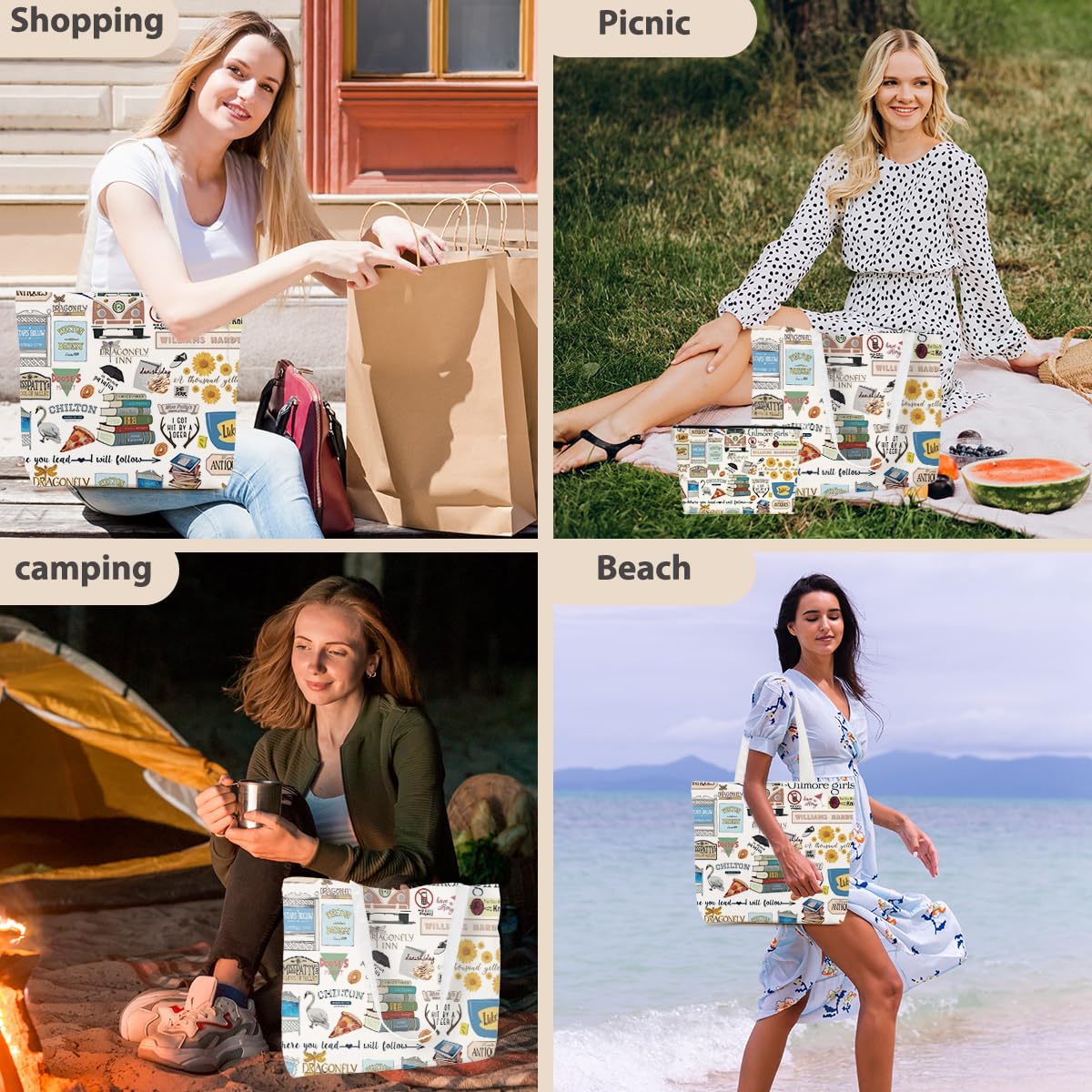 EEooooX tote and pouch on beach with books illustrating travel convenience
