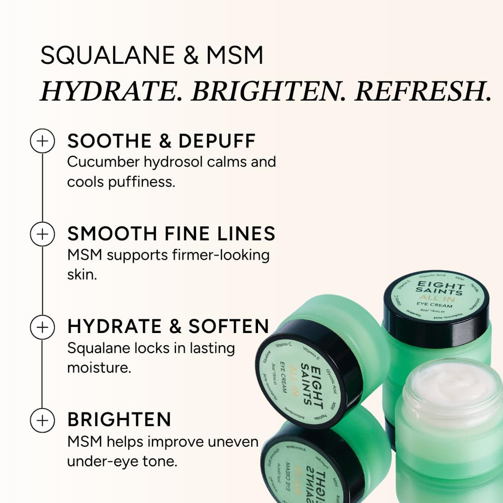 Applying Eight Saints eye cream under-eye demonstrating quick absorption