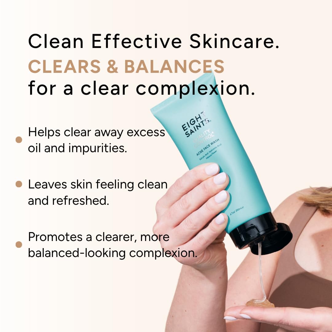 Eight Saints face wash on bathroom counter shown in daily skincare routine