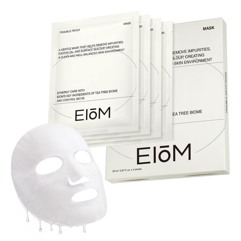 EIOM packaging front view showing four masks and clear product benefit