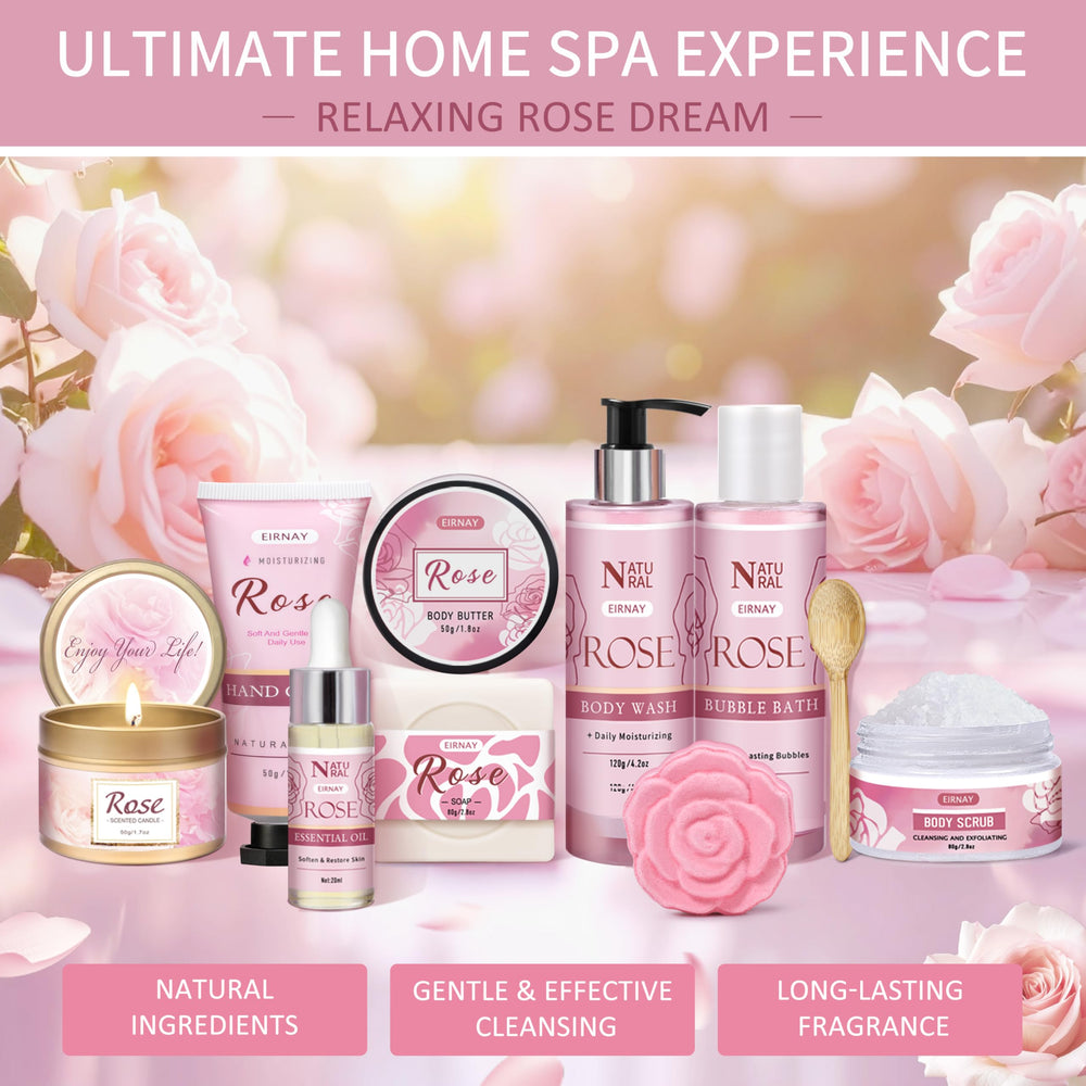 EIRNAY bath bomb and rose soap staged to demonstrate relaxing bath experience