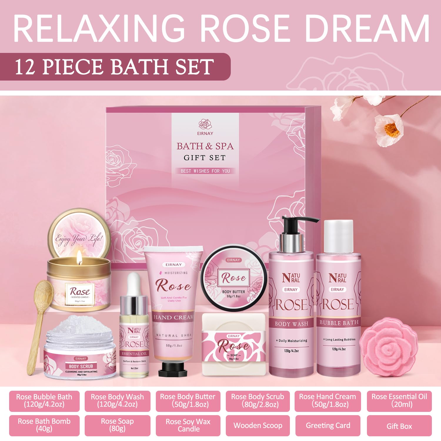 EIRNAY body wash and bubble bath bottles displayed to highlight gentle cleanse benefit