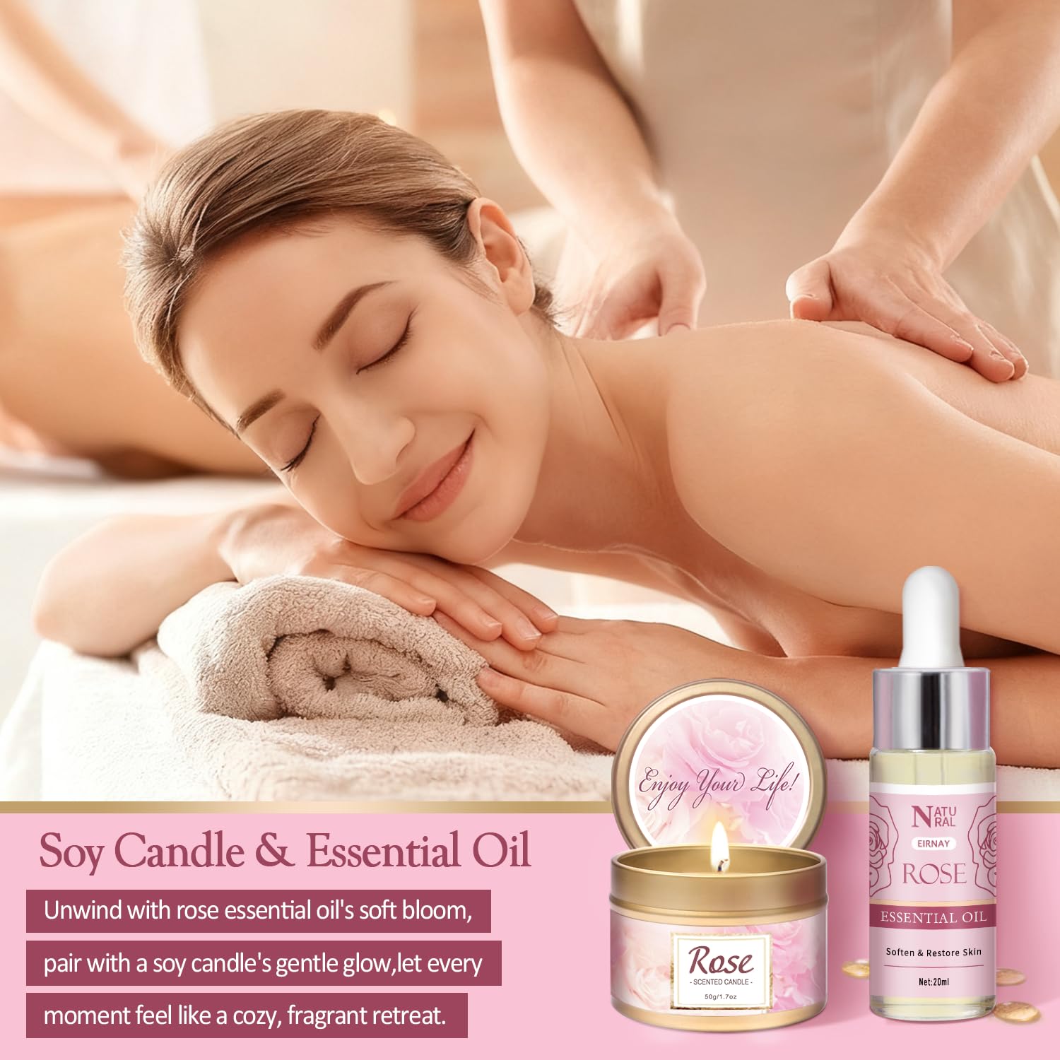 EIRNAY rose soy candle with essential oil bottle creating calming scent ambiance