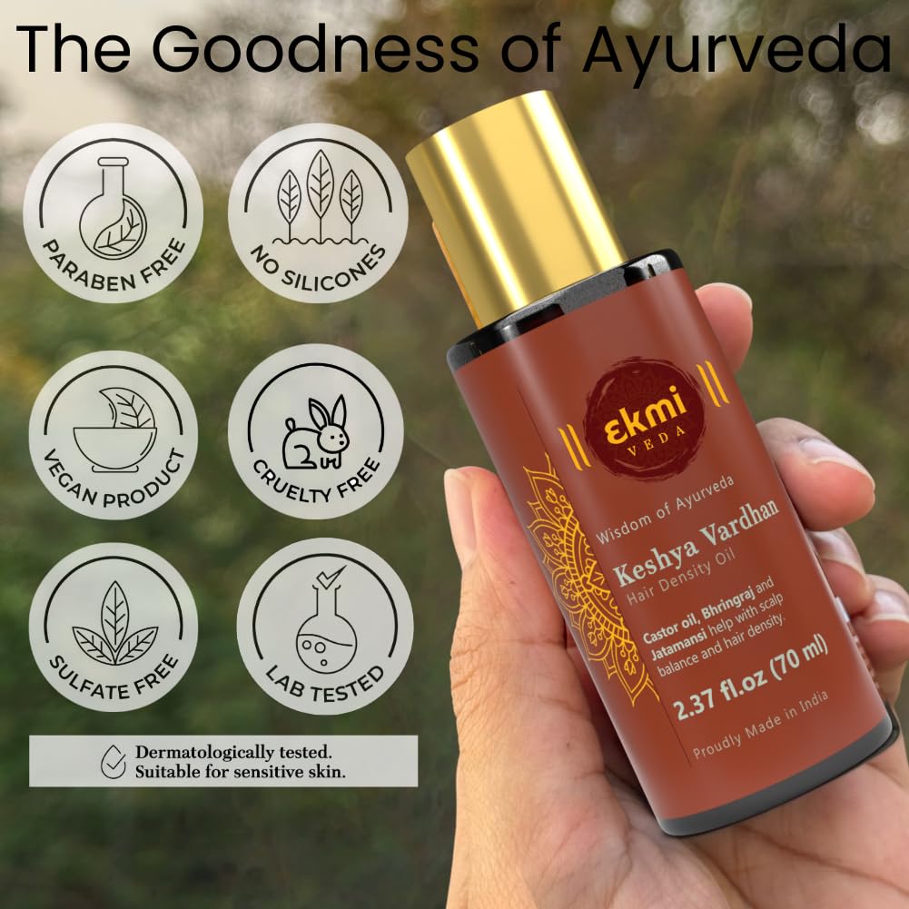 EKMIVEDA ingredients arrangement showing bhringraj, amla, rosemary benefits