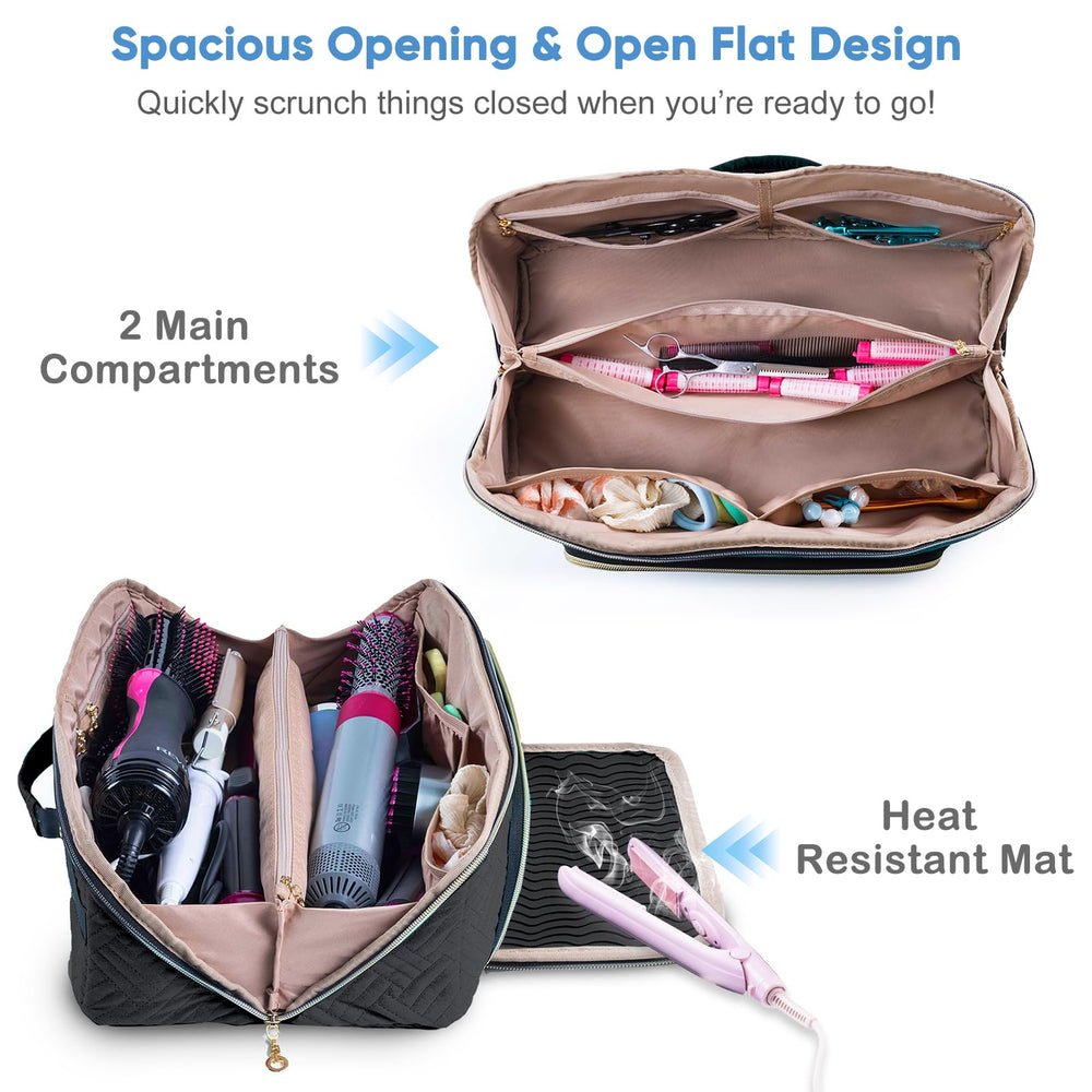 ELCUPA open flat layout with hair dryer, straightener, and brush visible for fast access
