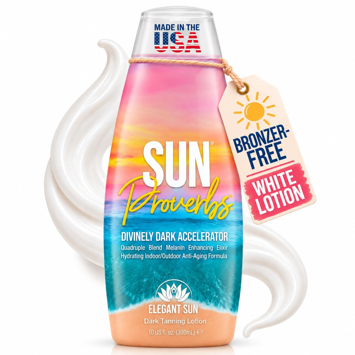 Elegant Sun product front packaging showing bottle and label benefits