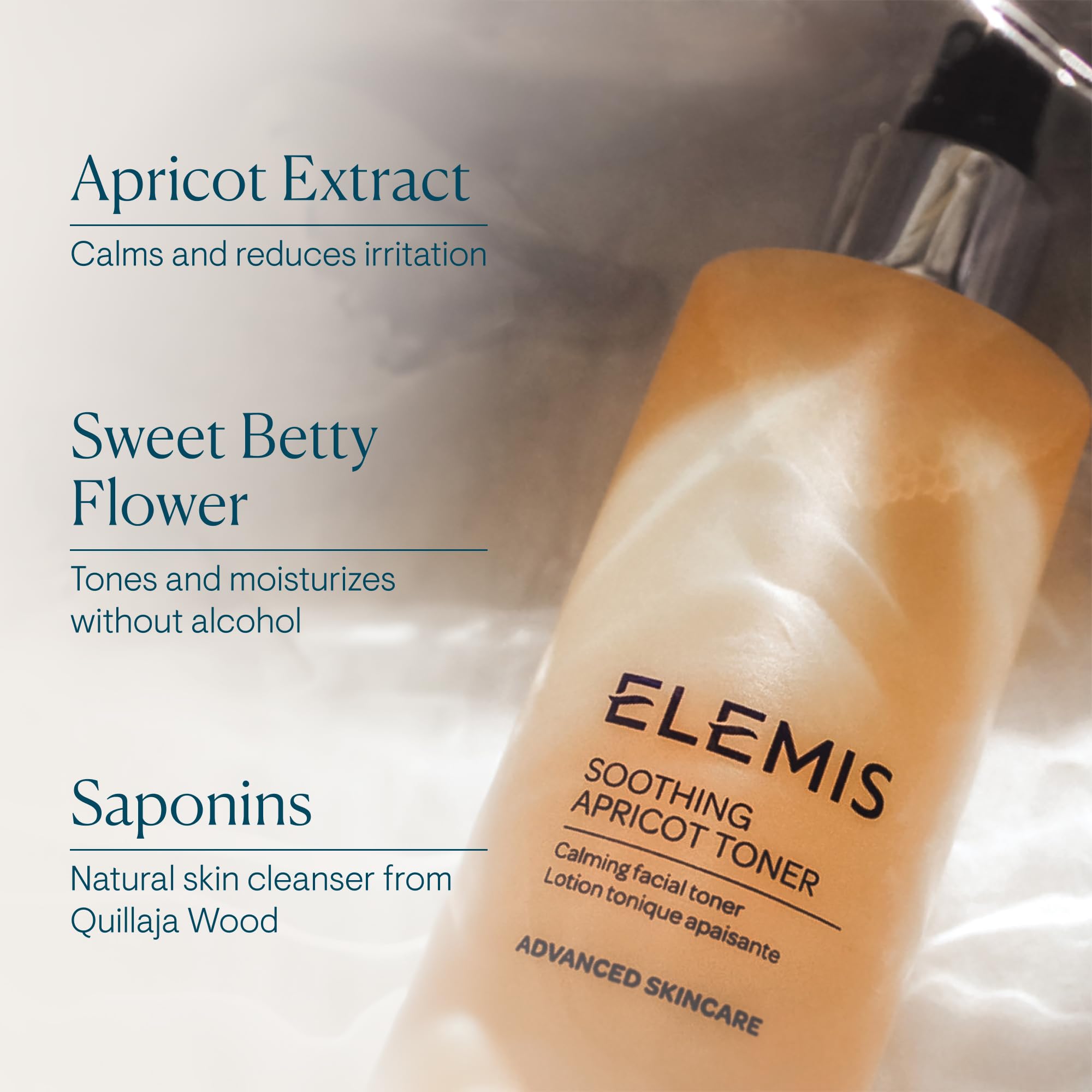 ELEMIS toner on bathroom shelf in lifestyle shot signaling daily routine calm
