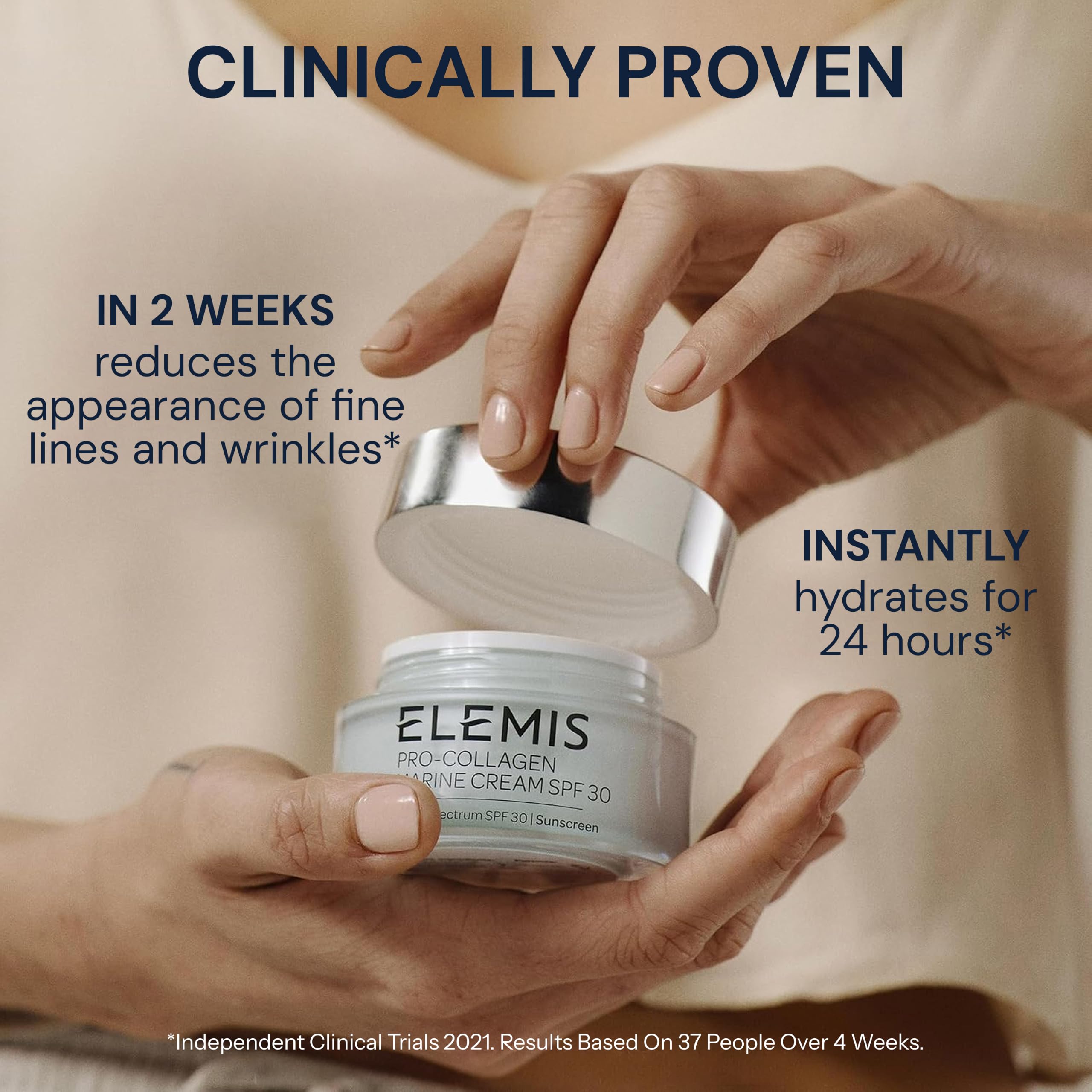 ELEMIS product in palm showing 30ml scale benefit: compact travel-friendly size
