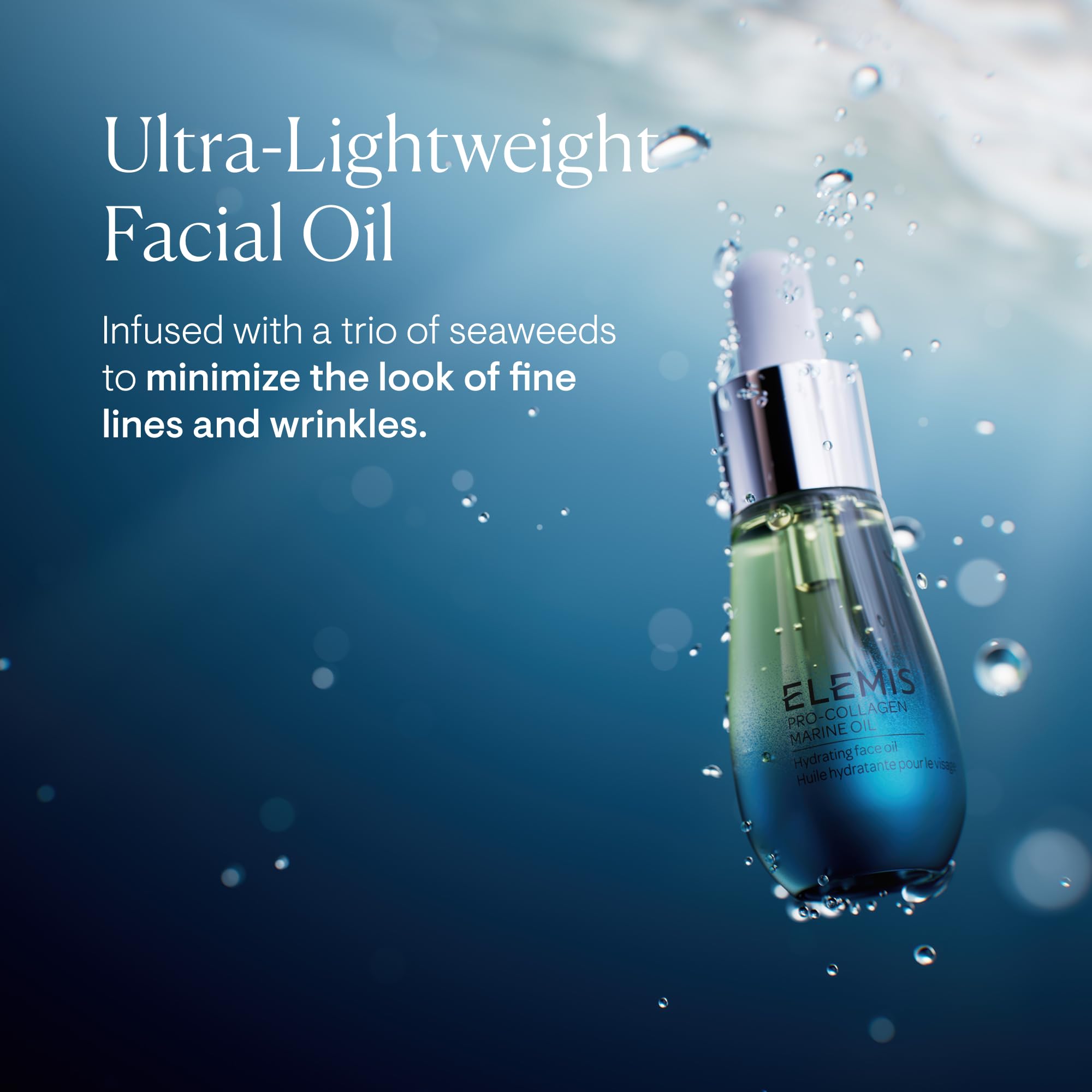 ELEMIS dropper dispensing a clear oil, demonstrating precise, mess-free application