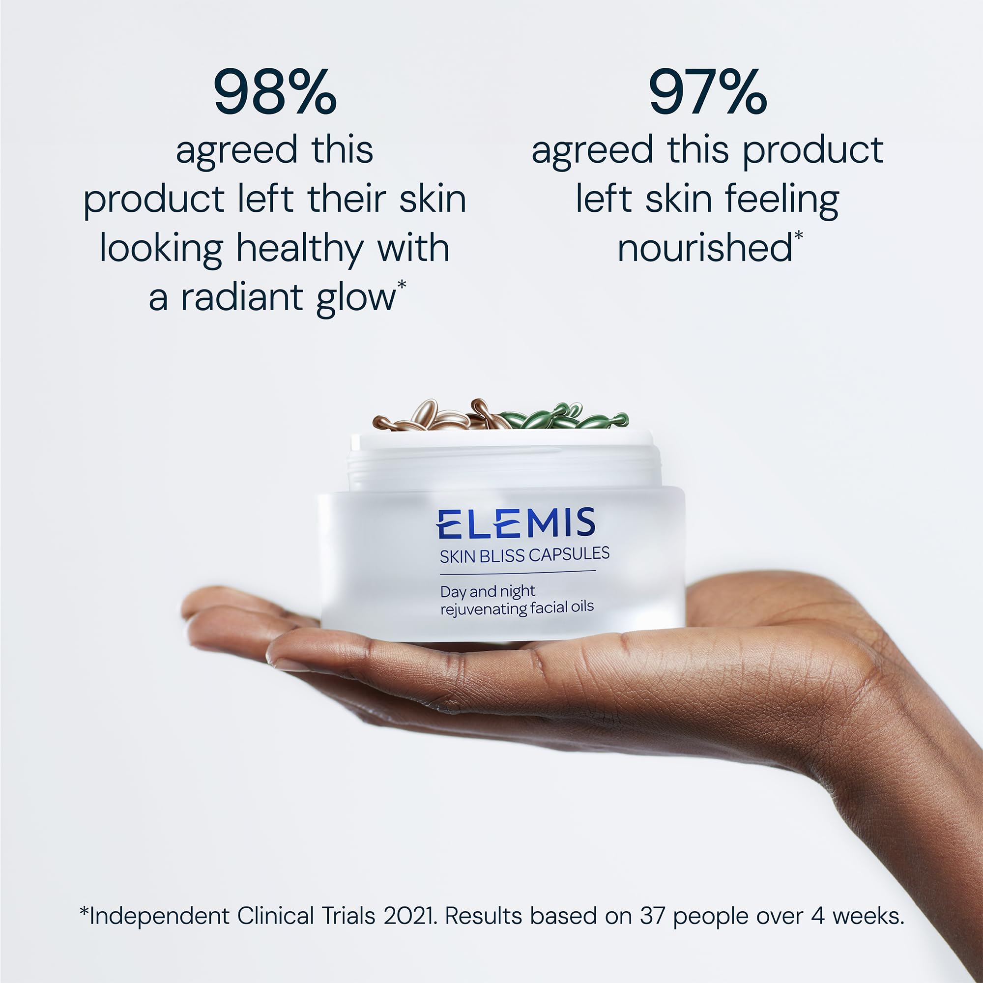 ELEMIS green evening capsule held to show lavender calming overnight benefit