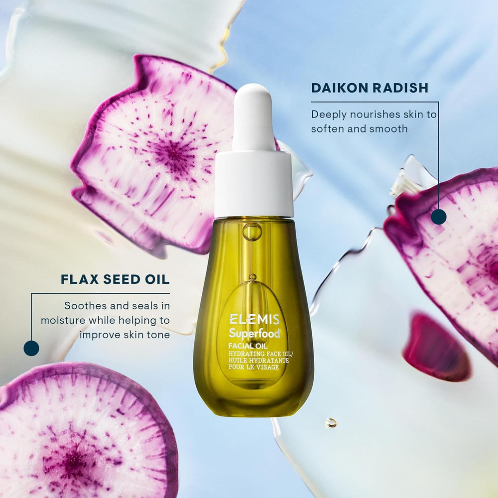 ELEMIS oil being applied to fingertips for targeted, nourishing use