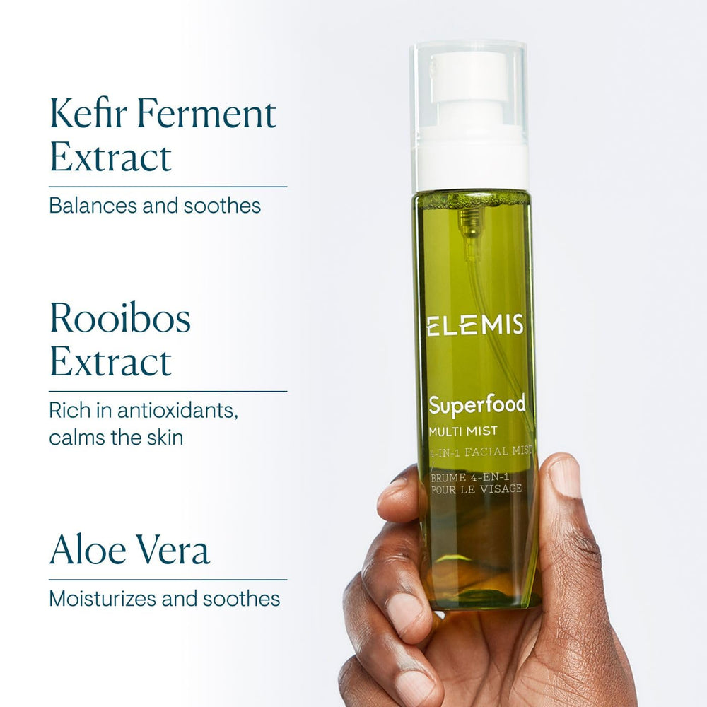 ELEMIS model applying mist in a lifestyle scene for on-the-go glow and makeup setting