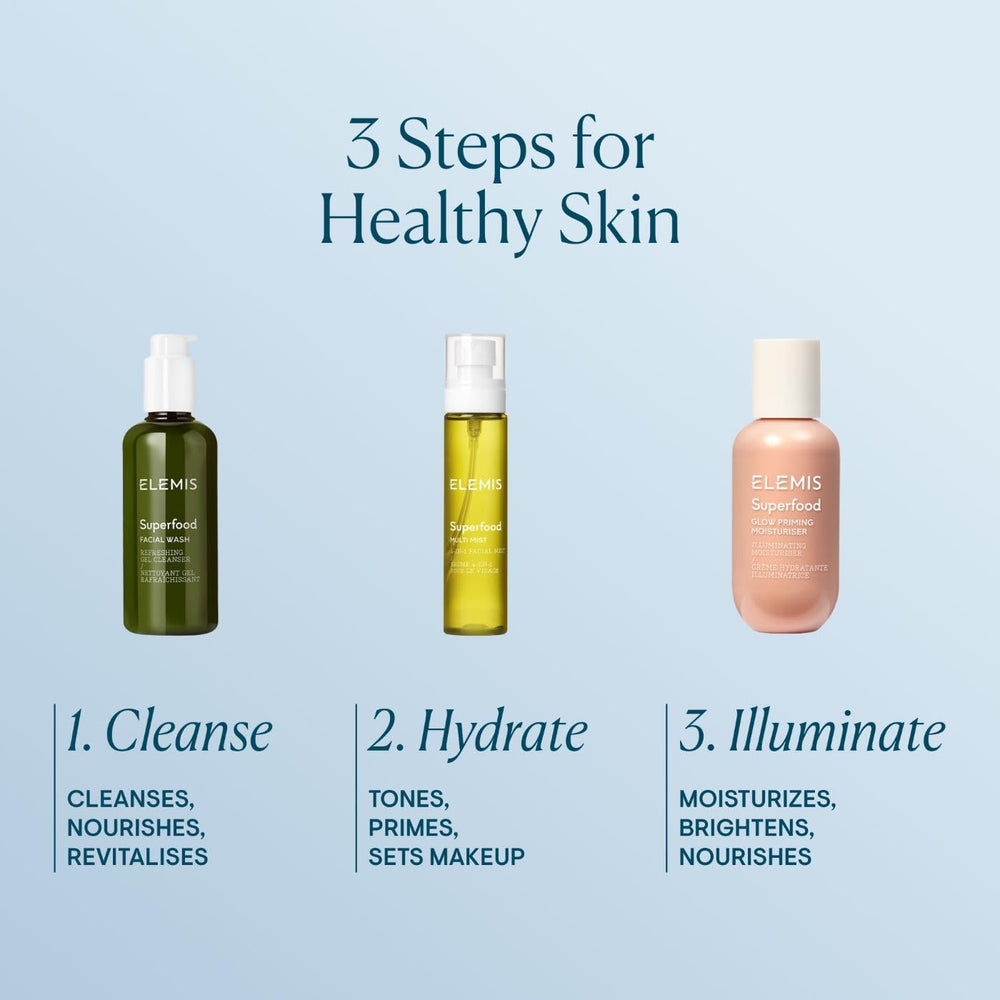 ELEMIS bottle on a bathroom vanity with other skincare for seamless routine integration