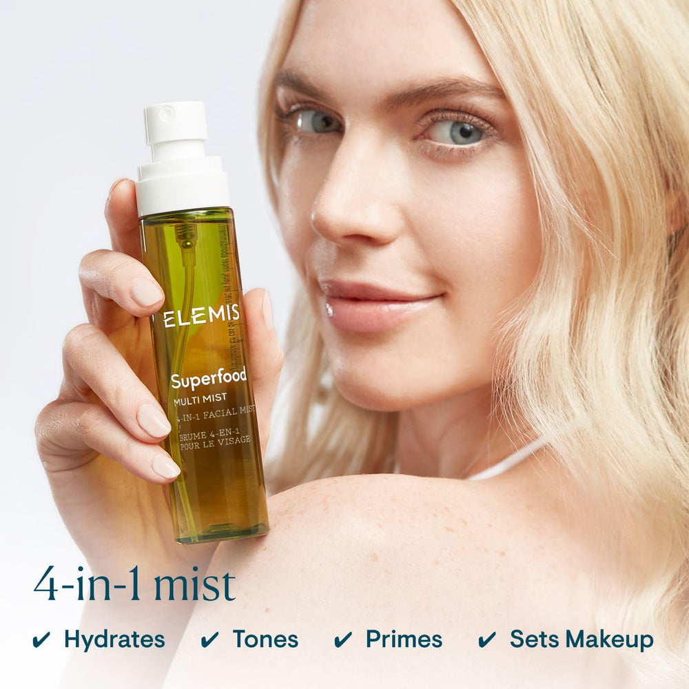 ELEMIS mist being sprayed onto face demonstrating even coverage and instant refresh