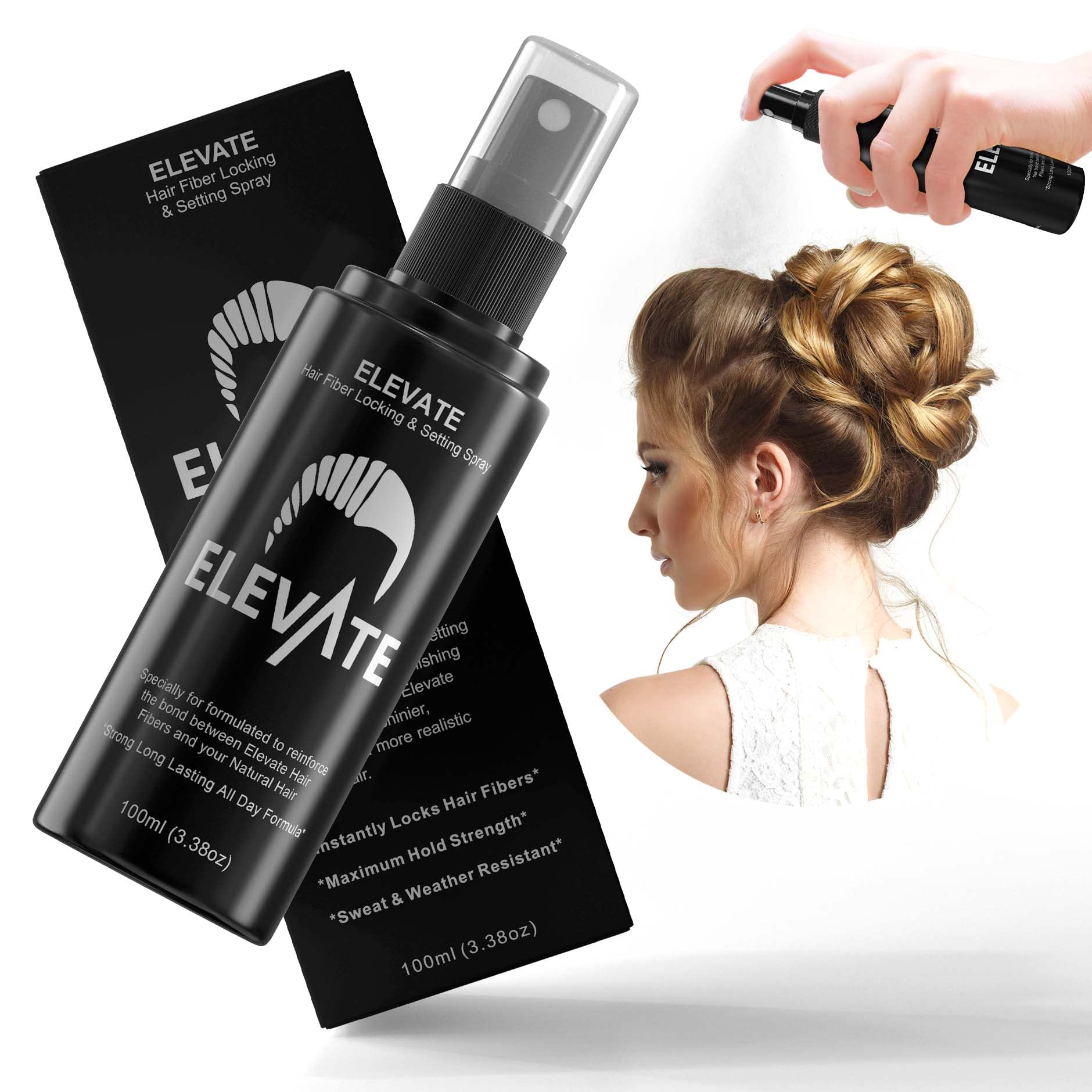 Elevate spray mist close-up illustrating fine even coverage for natural hold