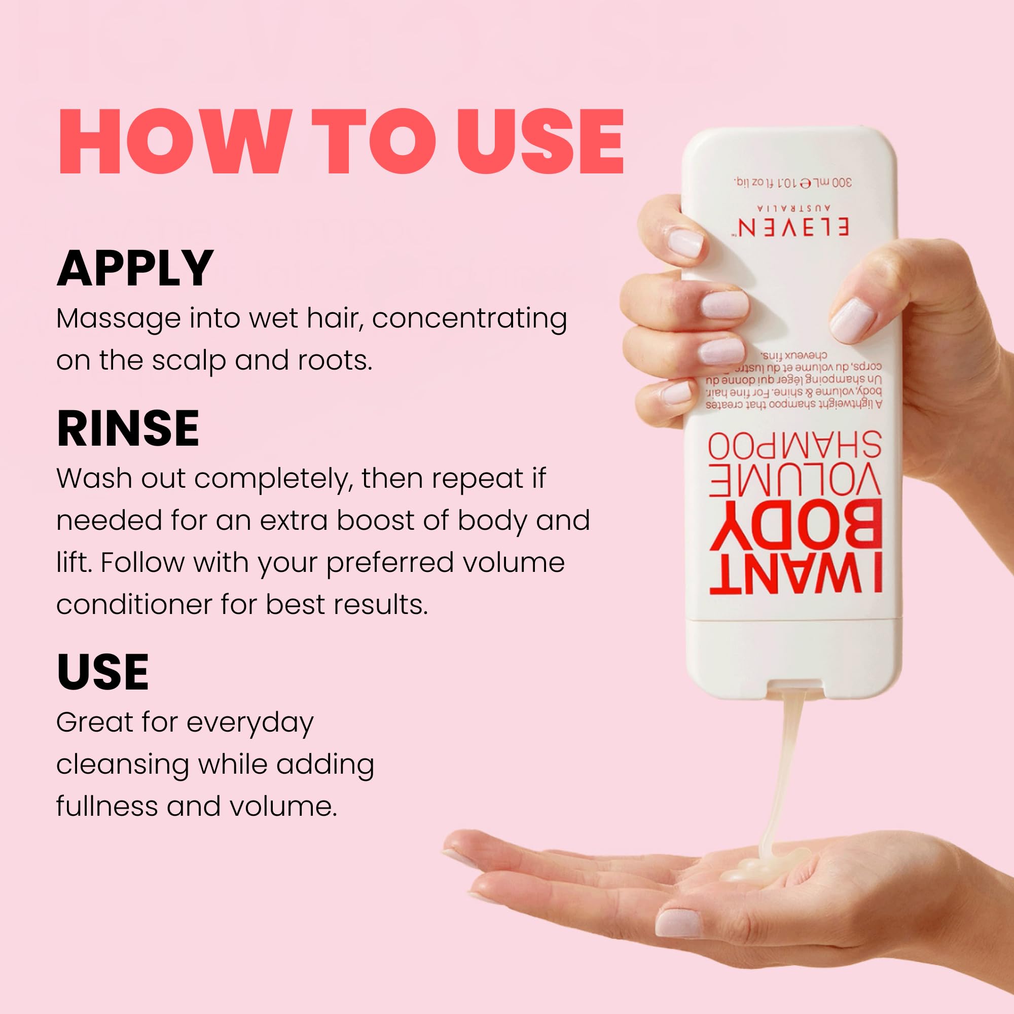 ELEVEN AUSTRALIA shampoo in shower being applied to roots to demonstrate lift and gentle cleanse