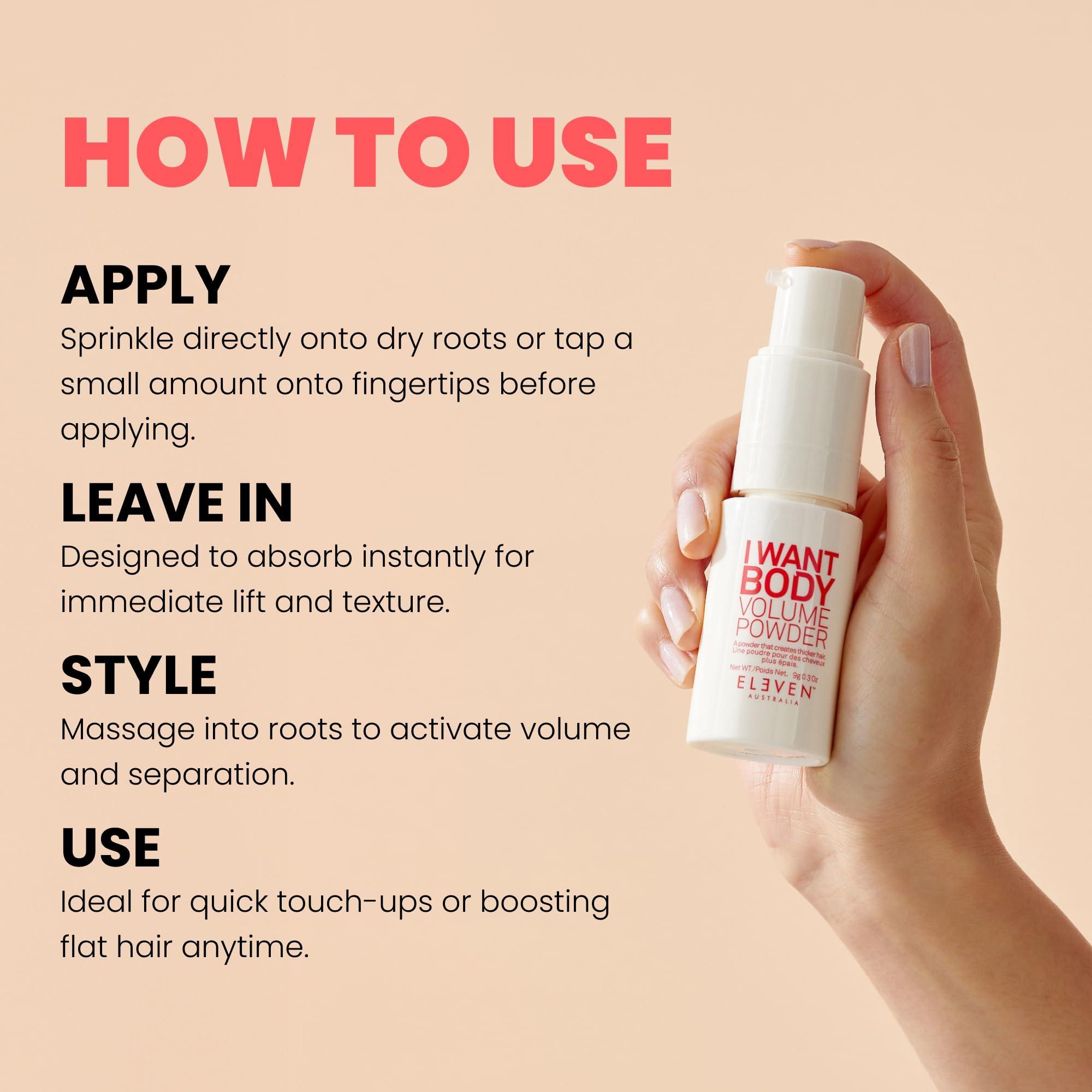 ELEVEN AUSTRALIA powder next to hand to show travel-friendly size